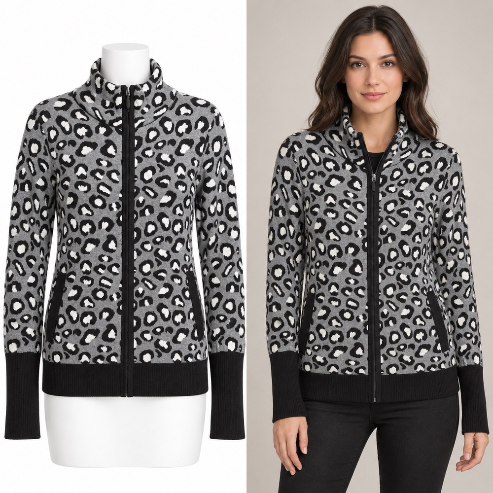 Rachel Zoe Zip Up Sweater Women Medium Gray Leopard Print Mock Neck Knit Jacket